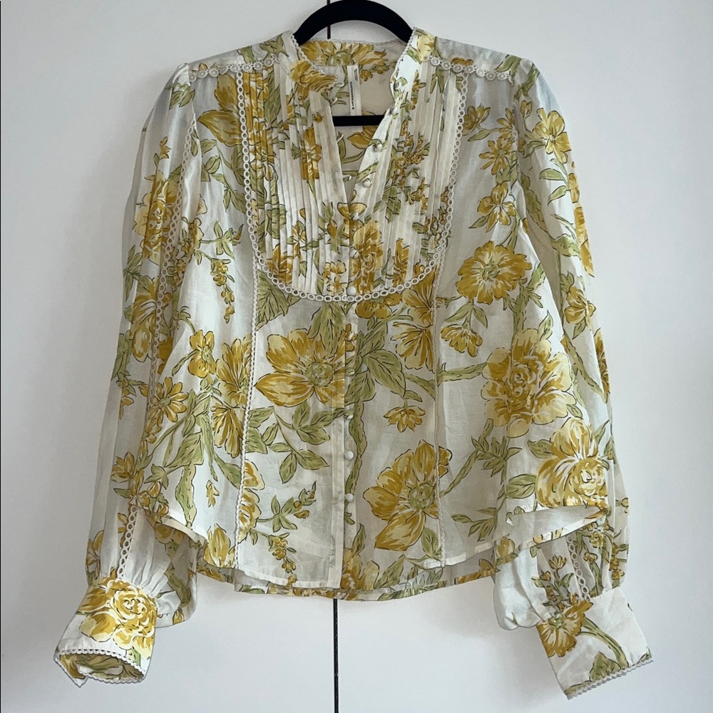 Anthropologie White Blouse with Yellow Floral Print